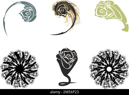 Twirled design elements isolated on white. Decorative symbols like rose or flower for emblems, logos, stickers, cards, fashion trends, wallpapers Stock Photo