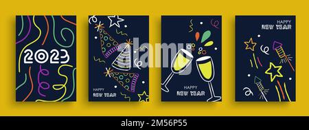 Happy New Year 2023 colorful hand drawn cartoon set illustration. Colorful party doodle decoration poster collection. Includes firework explosion, par Stock Vector