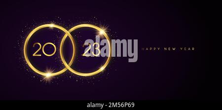 Happy New Year 2023 vertical web banner illustration. Gold 3d ring frame with party glitter and calendar number date on dark background. Luxury VIP ce Stock Vector