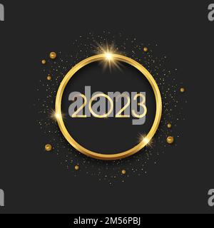New Year 2023 in realistic gold 3d circle frame on isolated black background with golden glitter dust and luxury pearls. Greeting card whit sparkle pa Stock Vector