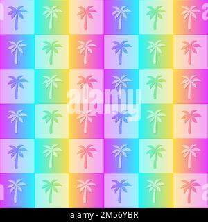 Palm tree seamless pattern. Repeating rainbow palms background. Repeated gradient. Abstract neon for design prints. Repeat iridescent trees texture Stock Vector