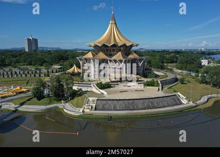 Sarawak New Parliament building with bronze dragon statue in Kuching, Malaysia Photo taken by a drone summer 2022. Stock Photo