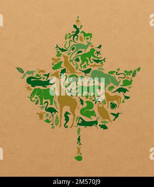 Green animal icon shapes set illustration on recycled paper texture. Diverse wild animals silhouette making tree leaf shape for eco friendly concept o Stock Vector
