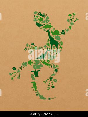 Green animal icon shapes set illustration on recycled paper texture. Diverse wild animals silhouette lizard shape for eco friendly concept or environm Stock Vector