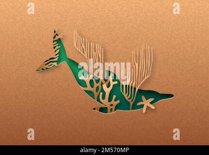 Green dolphin animal isolated papercut silhouette with tropical coral reef inside. Recycled paper texture tortoise cutout. Wildlife conservation, ocea Stock Vector