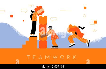 Diverse young business woman team building female community together in trendy flat cartoon style. Women equality solution concept, businesswomen maki Stock Vector