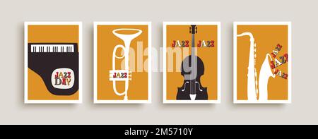 Jazz music band instrument poster illustration set. Funny mid-century retro cartoon banner collection for musical event, festival performance or enter Stock Vector
