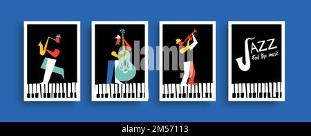 Jazz music band poster illustration collection. Colorful men playing musical instrument in retro mid century cartoon style. Fun entertainment performa Stock Vector