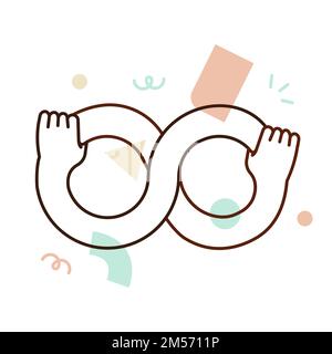 People hands holding each other arms in infinite loop symbol. Business teamwork idea concept or social help design. Modern flat outline style cartoon Stock Vector