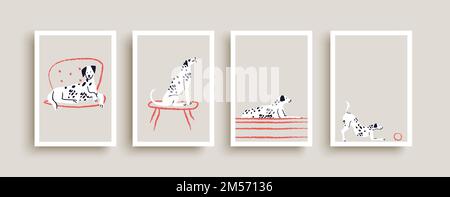 Cute dalmatian dog pet illustration collection doing funny poses. Hand drawn cartoon puppy playing at home in flat handmade doodle style. Stock Vector
