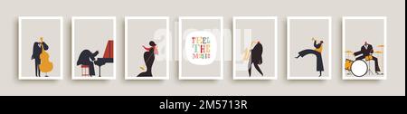 Set of jazz band people playing diverse music instruments and singer. Musical poster illustration collection. Includes drum, saxophone, trumpet, piano Stock Vector