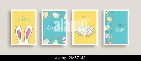 Happy easter greeting card illustration set. Cute decoration with rabbit, eggs and spring flowers. Hand drawn children holiday event invitation collec Stock Vector