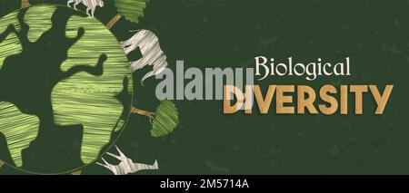 Biological Diversity banner illustration of green planet earth with wild animals walking and trees. Nature care awareness concept. Stock Vector