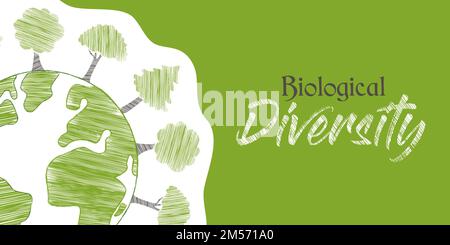 Biological Diversity banner illustration of green planet earth with hand drawn tree doodles. Nature care awareness concept. Stock Vector