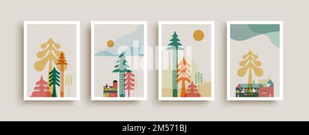 Scandinavian winter forest landscape illustration collection. Traditional mid century style pine tree and houses made of colorful geometric shapes. Ch Stock Vector