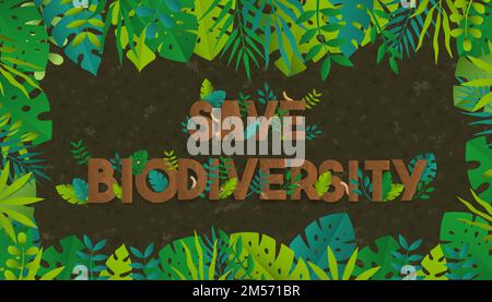 Save biodiversity text quote sign made of tree wood and diverse green plant leaves. Nature care concept, wild life conservation design in flat cartoon Stock Vector