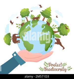 Protect biodiversity illustration of human hand holding  green planet earth with wild animals walking and trees. Nature care awareness concept. Includ Stock Vector