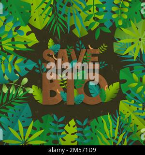 Save biodiversity text quote sign made of tree wood and diverse green plant leaves. Nature care concept, wild life conservation design in flat cartoon Stock Vector