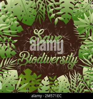 Save biodiversity text quote sign made of green tree roots with colorful plant leaves. Nature help or environment care for wild life conservation conc Stock Vector