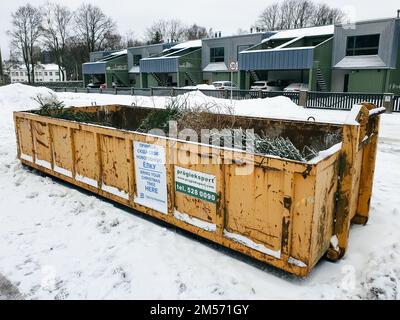 Tallinn, Estonia - January 22, 2022: Large garbage container on a city street for people to bring their old Christmas trees in. Free municipal service Stock Photo