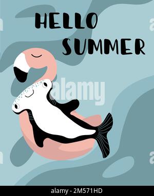 Vector ocean illustration with hammerhead fish on an inflatable flamingo. Hello summer - modern lettering.Underwater marine animals.Design for banner Stock Vector