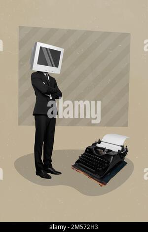 Creative photo 3d collage artwork poster of hardworking professional worker old computer instead face isolated on painting background Stock Photo