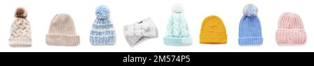 Collage of stylish knitted hats and headband on white background Stock Photo