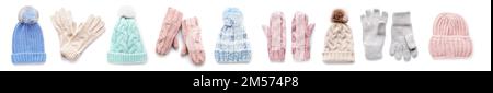 Collage of stylish knitted hats, gloves and mittens on white background Stock Photo