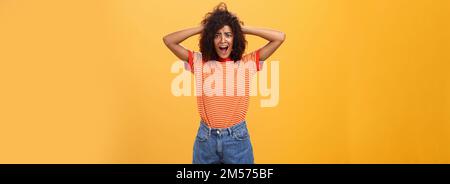 Girl panicking not being ready meet boyfriend parents. Portrait of