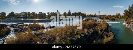 Aerial view of the water fall that the city of Idaho Falls, ID USA is named after. Stock Photo