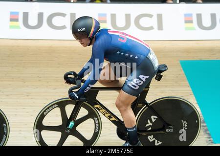 Jennifer Valente of the United States winning the women's omnium event, 2022 UCI Track Cycling World Championships. Stock Photo