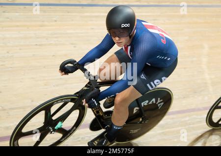 Jennifer Valente of the United States winning the women's omnium event, 2022 UCI Track Cycling World Championships. Stock Photo