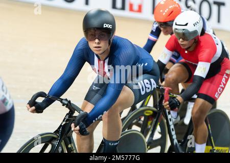 Jennifer Valente of the United States winning the women's omnium event, 2022 UCI Track Cycling World Championships. Stock Photo