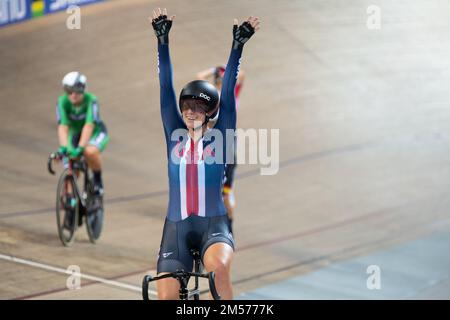 Jennifer Valente of the United States celebrates winning the world championships in the women's omnium, 2022 UCI Track Cycling World Championships. Stock Photo