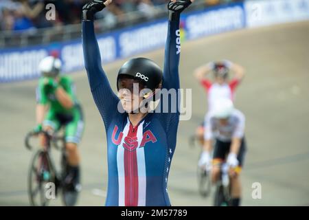 Jennifer Valente of the United States celebrates winning the world championships in the women's omnium, 2022 UCI Track Cycling World Championships. Stock Photo