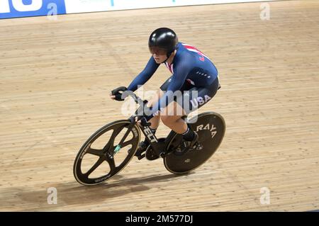 Jennifer Valente of the United States winning the women's omnium event, 2022 UCI Track Cycling World Championships. Stock Photo