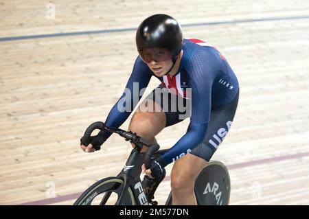 Jennifer Valente of the United States winning the women's omnium event, 2022 UCI Track Cycling World Championships. Stock Photo