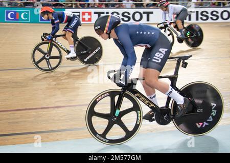 Jennifer Valente of the United States winning the women's omnium event, 2022 UCI Track Cycling World Championships. Stock Photo