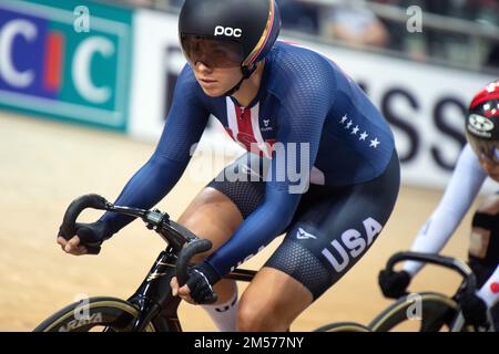 Jennifer Valente of the United States winning the women's omnium event, 2022 UCI Track Cycling World Championships. Stock Photo