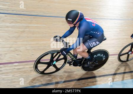 Jennifer Valente of the United States winning the women's omnium event, 2022 UCI Track Cycling World Championships. Stock Photo