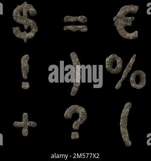 3D Render Set of Cracked Earth Font including Letters,  Numbers and Punctuation Marks isolated on black background, including path embedded on jpg for Stock Photo