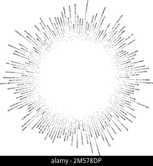 Dotted sunbeams round frame. Black grainy sunburst template. Textured stipple rays separator and divider. Vintage design elements for labels, badges. Stock Vector