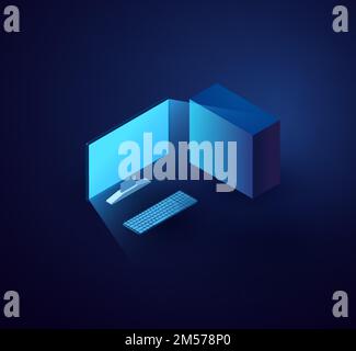 Computer isometric cloud network. Blue 3d cloud technology. Stock Vector
