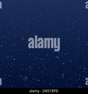 Snowfall at night. Falling snowflakes on dark background. Galaxy stars on night sky. Splattered particles, dots, specks, splashes, drops, spray Stock Vector