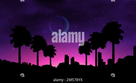 Waporwave retro sunset with palms on the beach. Neon landscape futuristic galaxy background. Stock Vector