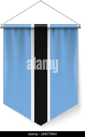 Vertical Pennant Flag of Botswana as Icon on White with Shadow Effects. Patriotic Sign in Official Color and Flower, Flag with Metallic Poles Hanging Stock Vector
