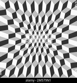 Abstract Grid of Cubes with Distortion Effect. Pulled Inwards, Twisting, Optical Illusion. Digital Geometric Style. Background for Business Cards and Stock Vector