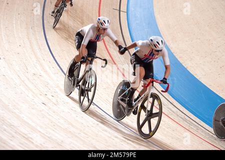 Megan Jastrab and Jennifer Valente of the United States, executing and exchange, during the women's madison at the 2020 Tokyo Olympic Games Stock Photo