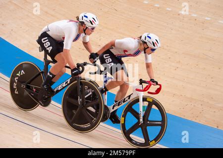 Megan Jastrab and Jennifer Valente of the United States, executing and exchange, during the women's madison at the 2020 Tokyo Olympic Games Stock Photo