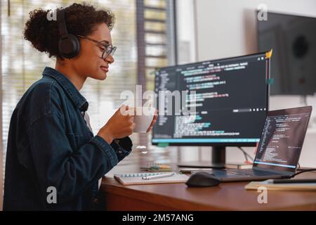 Female freelancer making new project as web designer and programmer on her computer at home office Stock Photo